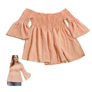 Babydoll Knit Smocked Off-Shoulder Bell Sleeves Top in Peach Size 1X